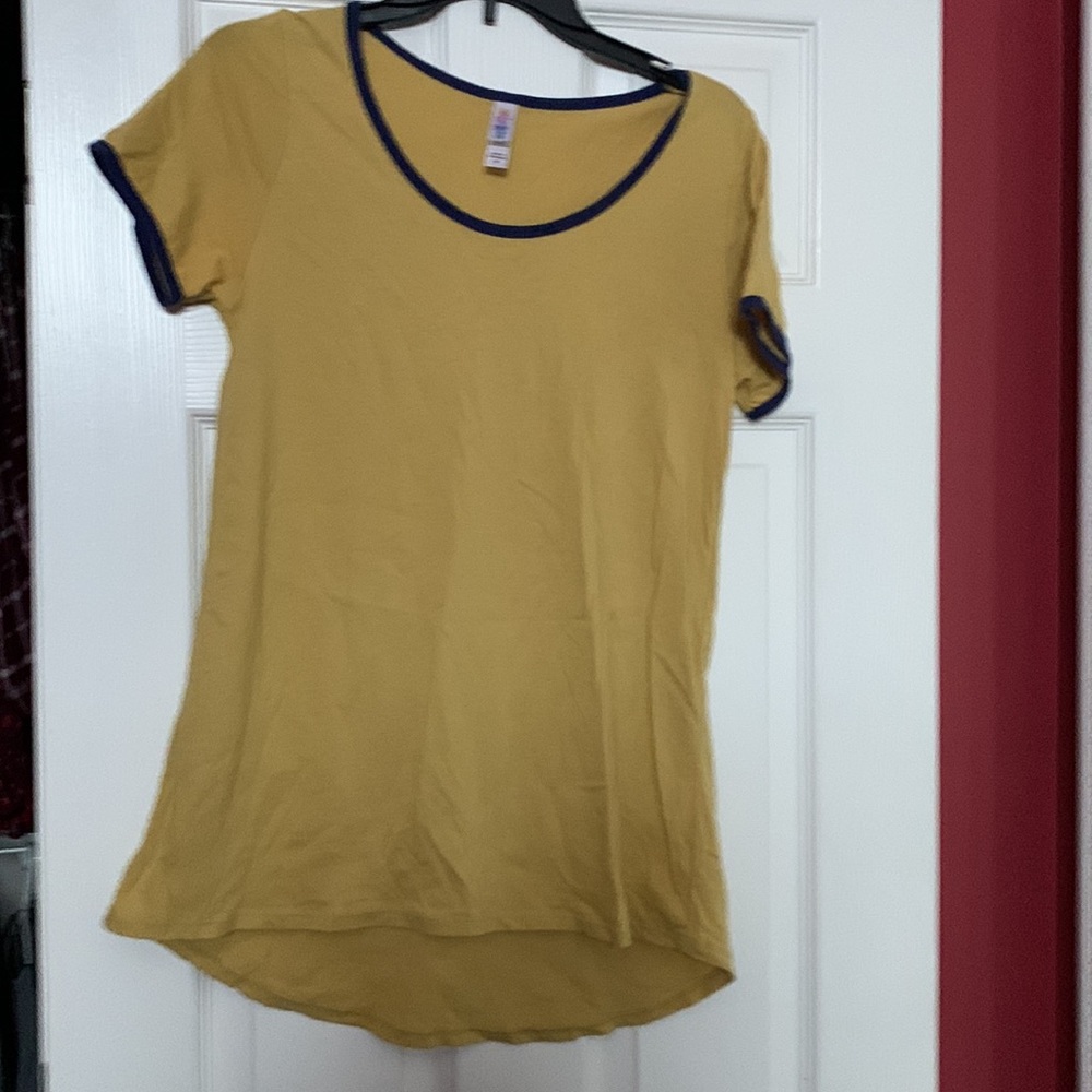 Lularoe Yellowish top with blue trail on neck and sleeves ends size xs